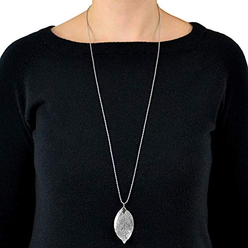 Morella Collar Bola para Mujer 80 cm con Hoja Real como Colgante en Plateado en Bolsa de Joyas
