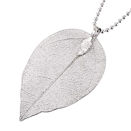 Morella Collar Bola para Mujer 80 cm con Hoja Real como Colgante en Plateado en Bolsa de Joyas