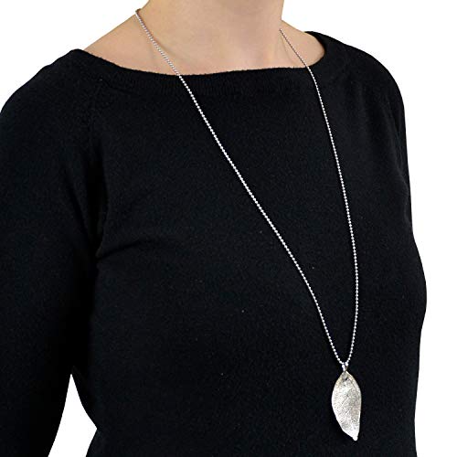 Morella Collar Bola para Mujer 80 cm con Hoja Real como Colgante en Plateado en Bolsa de Joyas