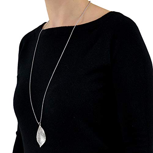 Morella Collar Bola para Mujer 80 cm con Hoja Real como Colgante en Plateado en Bolsa de Joyas