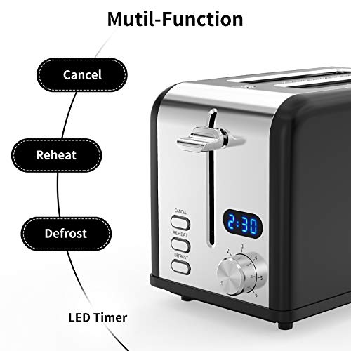 morpilot Tostadoras Pan 2 Rebanadas Negra Acero Inoxidable con Ranura Ancha, Soporte de Pan, Pantalla LCD, 9 Niveles de Tostado, Función de Descongelar, Recalentar, Cancelar