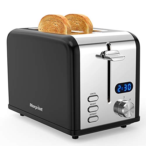 morpilot Tostadoras Pan 2 Rebanadas Negra Acero Inoxidable con Ranura Ancha, Soporte de Pan, Pantalla LCD, 9 Niveles de Tostado, Función de Descongelar, Recalentar, Cancelar