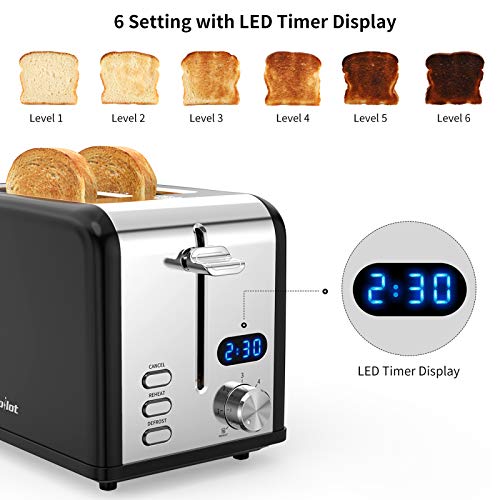 morpilot Tostadoras Pan 2 Rebanadas Negra Acero Inoxidable con Ranura Ancha, Soporte de Pan, Pantalla LCD, 9 Niveles de Tostado, Función de Descongelar, Recalentar, Cancelar