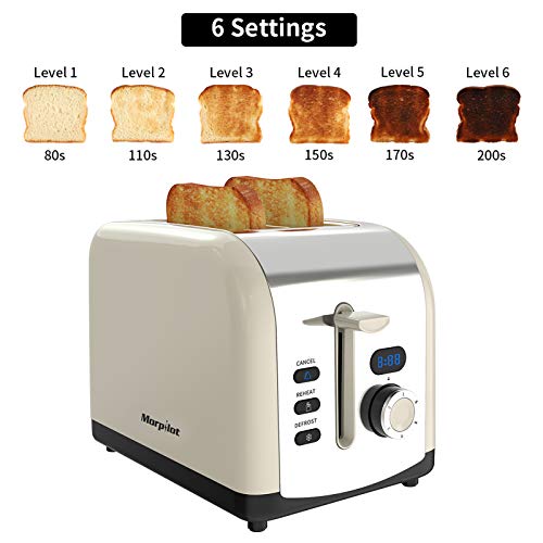morpilot Tostadoras Pan 2 Rebanadas Tostadora de Pan Ranura Ancha en Acero Inoxidable con 6 Niveles de Tostador 800 W, Pantalla LCD, Bandeja para Migas, Beige Retro