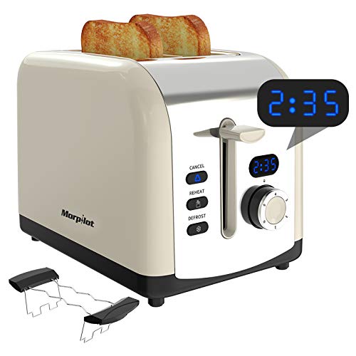 morpilot Tostadoras Pan 2 Rebanadas Tostadora de Pan Ranura Ancha en Acero Inoxidable con 6 Niveles de Tostador 800 W, Pantalla LCD, Bandeja para Migas, Beige Retro
