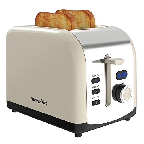 morpilot Tostadoras Pan 2 Rebanadas Tostadora de Pan Ranura Ancha en Acero Inoxidable con 6 Niveles de Tostador 800 W, Pantalla LCD, Bandeja para Migas, Beige Retro