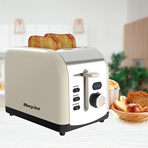morpilot Tostadoras Pan 2 Rebanadas Tostadora de Pan Ranura Ancha en Acero Inoxidable con 6 Niveles de Tostador 800 W, Pantalla LCD, Bandeja para Migas, Beige Retro