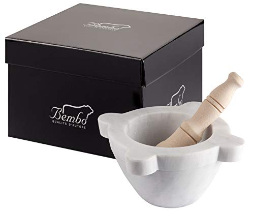 Mortero Bembo con Mano para Pesto o Especias en Blanco Mármol De Carrara - Modelo Genovese (ø 14 cm)