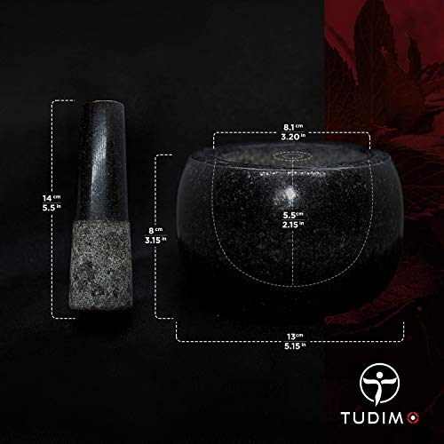 Mortero con Mano de 100% Granito con Protección de Ralladura y Empaque de Protección (2,7 kg, Pulido, Negro, Piedra, Redondo, Estable), de TUDIMO