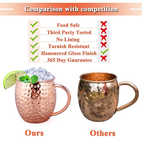 Moscow Mule Copper Mugs, esonmus Juego de 4 Tazas de Cobre Hecho a Mano, Mule Moscow con 1 Jigger 4 Pajitas 4 Posavasos para Cóctel, Vodka y Cerveza