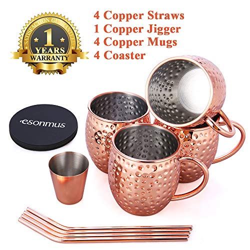 Moscow Mule Copper Mugs, esonmus Juego de 4 Tazas de Cobre Hecho a Mano, Mule Moscow con 1 Jigger 4 Pajitas 4 Posavasos para Cóctel, Vodka y Cerveza