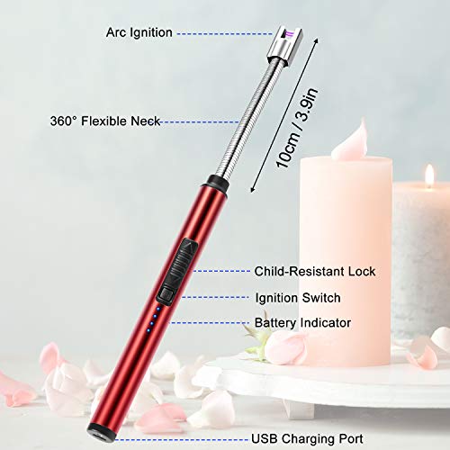 MOSUO Encendedor Electrico, Mechero de Arco Electrico USB Recargable, Cuello Largo 360° Flexible Sin Llama ni Olor, Interruptor de Seguridad, para Cocina Barbacoa Velas Fuegos Artificiales, Rojo