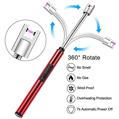 MOSUO Encendedor Electrico, Mechero de Arco Electrico USB Recargable, Cuello Largo 360° Flexible Sin Llama ni Olor, Interruptor de Seguridad, para Cocina Barbacoa Velas Fuegos Artificiales, Rojo