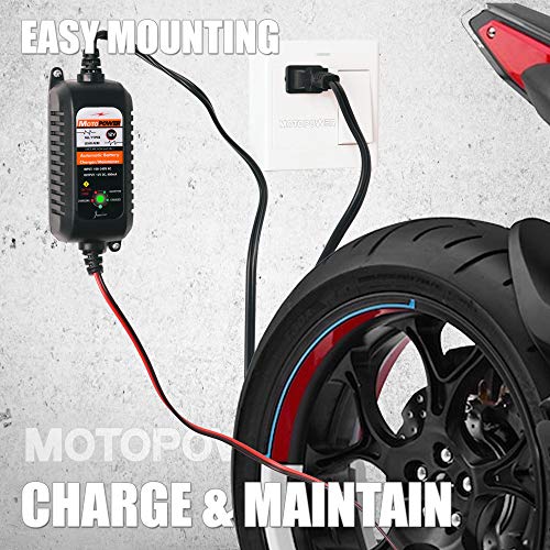MOTOPOWER MP0205A 12V 800mA Cargador de batería automático/Mantenedor para automóviles, Motocicletas, ATVs, RVs, Powersports, Barco y más. Inteligente, Compacto y Respetuoso del Medio Ambiente