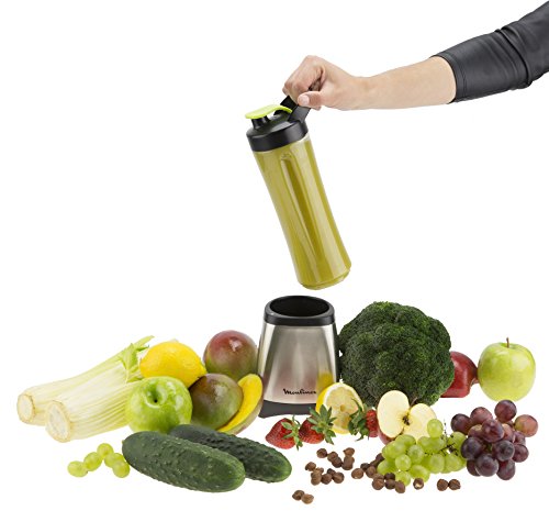 Moulinex Smoothie & Twist LM1A0D10 Batidora individual con potencia de 300 W de 4 cuchillas con recipiente portátil de 600 ml, vaso apto para lavavajillas, cuerpo acero inoxidable