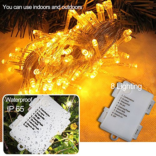 MOVEONSTEP Luces de Cadena 100 LED Funciona Con Pilas Impermeable 11M 8 Modos Guirnalda Luminosa con Función Temporizador Fiesta de Navidad Decoración de Halloween Iluminación-Blanco Cálido