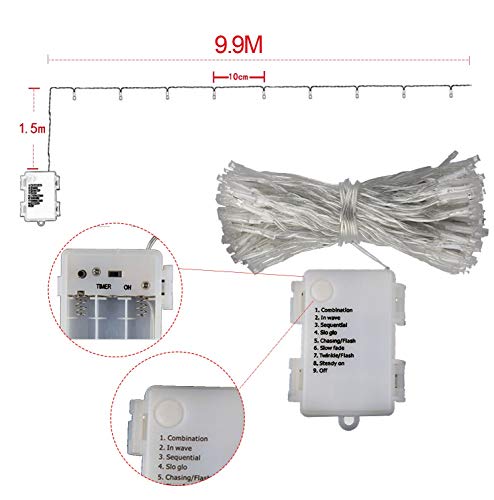 MOVEONSTEP Luces de Cadena 100 LED Funciona Con Pilas Impermeable 11M 8 Modos Guirnalda Luminosa con Función Temporizador Fiesta de Navidad Decoración de Halloween Iluminación-Blanco Cálido