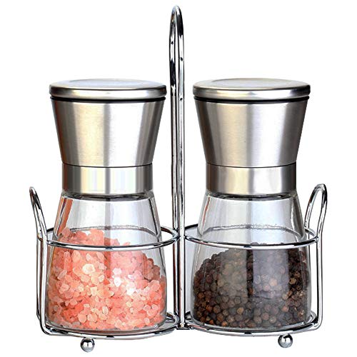 mreechan Molinillos de pimienta,Acero inoxidable y vidrio,Conjunto de salero y pimentero con soporte a juego, ajustable,Molinillo sal y pimienta,Conjunto de 2 piezas