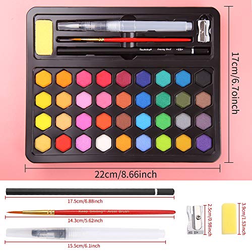 mreechan Set de Pinturas de Acuarela,Set de Acuarelas de 36 Colores de Agua, Incluye 36 Colores,10 Papeles de Acuarela,3 Pinceles de Agua y 1 Esponja para Principiantes y Profesionales