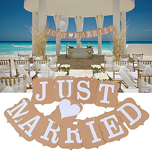 MR&MRS Letras Madera Blanca Decoración Boda +3,2m Bandera Banderín JUST❤ MARRIED Tarjeta Kraft Decorativa para Boda Hogar Pared