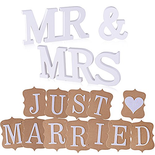MR&MRS Letras Madera Blanca Decoración Boda +3,2m Bandera Banderín JUST❤ MARRIED Tarjeta Kraft Decorativa para Boda Hogar Pared