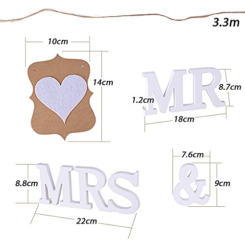 MR&MRS Letras Madera Blanca Decoración Boda +3,2m Bandera Banderín JUST❤ MARRIED Tarjeta Kraft Decorativa para Boda Hogar Pared