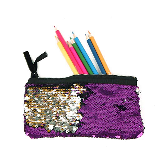 MSYOU - Estuche cuadrado con lentejuelas, práctico estuche con cremallera, multifunción, para guardar brochas de maquillaje, para estudiantes, escuelas, adultos, equipos de oficina 20 * 10cm morado
