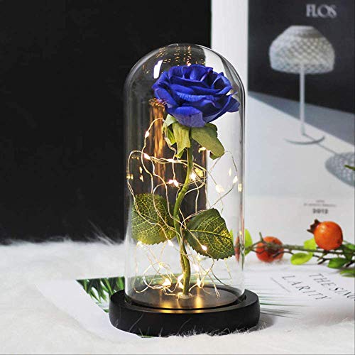 MUCHEN SHOP La Bella y La Bestia Rosa,Kit de Rosa Eterna Luz LED Rosa Encantada en Cúpula Vidrio Rosas de Seda para Día la Madre Día de San Valentín Aniversario Bodas Símbolo de Amor Roja (Flor Azul)