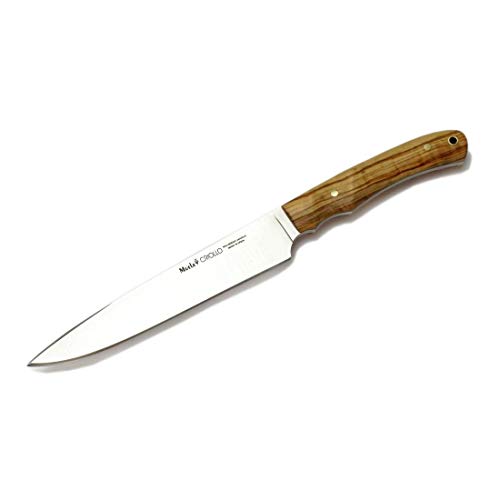 Muela Cuchillo CRIOLLO-17.OL Hoja de Acero MoVa de 17 cm y empuñadura de Madera de Olivo para Caza, Pesca, Supervivencia y Bushcraft Realizado en Ciudad Real + Portabotellas de Regalo