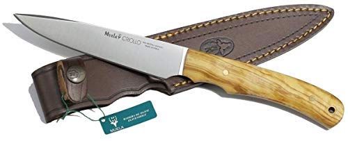 Muela Cuchillo CRIOLLO-17.OL Hoja de Acero MoVa de 17 cm y empuñadura de Madera de Olivo para Caza, Pesca, Supervivencia y Bushcraft Realizado en Ciudad Real + Portabotellas de Regalo