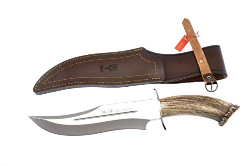 Muela Cuchillo de caza LOBO-23S hoja de acero inoxidable MoVa de 23 cm y empuñadura de asta de ciervo para Caza, Pesca, Supervivencia y Bushcraft + Portabotellas de regalo