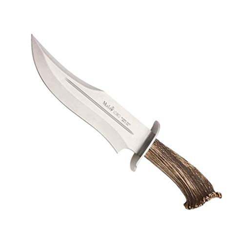 Muela Cuchillo de caza LOBO-23S hoja de acero inoxidable MoVa de 23 cm y empuñadura de asta de ciervo para Caza, Pesca, Supervivencia y Bushcraft + Portabotellas de regalo