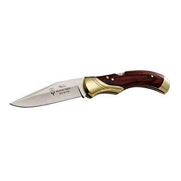 Muela Navaja de Caza GL-10NL con Hoja de Acero Inoxidable MoVa de 9,5 cm y empuñadura de Madera palovioleta de 12 cm para Caza, Pesca, Supervivencia y Bushcraft + Portabotellas de Regalo