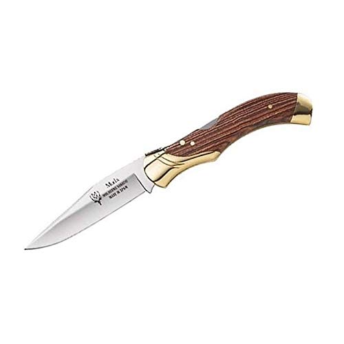 Muela Navaja de Caza GL-10NL con Hoja de Acero Inoxidable MoVa de 9,5 cm y empuñadura de Madera palovioleta de 12 cm para Caza, Pesca, Supervivencia y Bushcraft + Portabotellas de Regalo