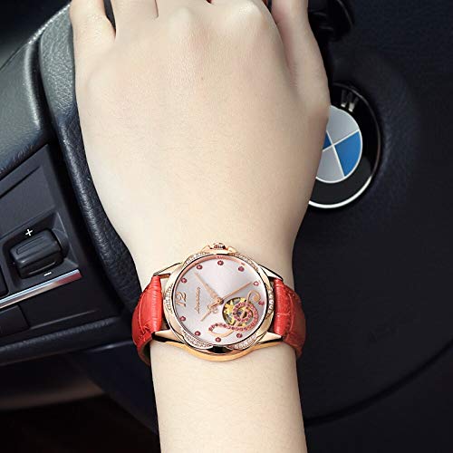 Mujer Rojo Hueco del Reloj De Señoras De Cuero con Personalidad Tendencia Diamante Impermeable del Reloj De Las Mujeres, Cuero Marrón Rose Shell Fideos (Color : A)