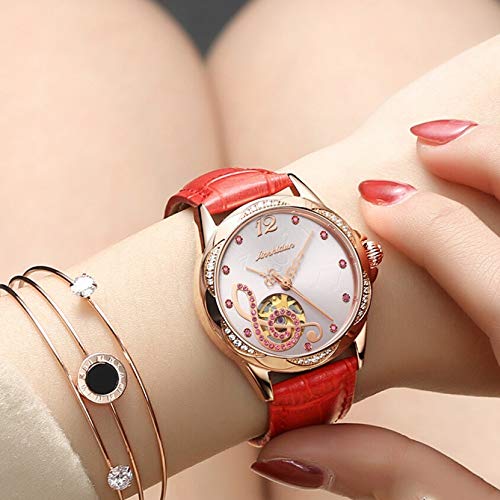 Mujer Rojo Hueco del Reloj De Señoras De Cuero con Personalidad Tendencia Diamante Impermeable del Reloj De Las Mujeres, Cuero Marrón Rose Shell Fideos (Color : A)