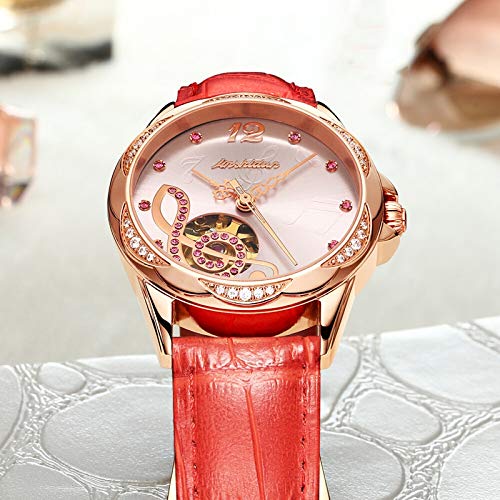 Mujer Rojo Hueco del Reloj De Señoras De Cuero con Personalidad Tendencia Diamante Impermeable del Reloj De Las Mujeres, Cuero Marrón Rose Shell Fideos (Color : A)