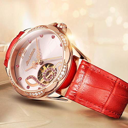 Mujer Rojo Hueco del Reloj De Señoras De Cuero con Personalidad Tendencia Diamante Impermeable del Reloj De Las Mujeres, Cuero Marrón Rose Shell Fideos (Color : A)