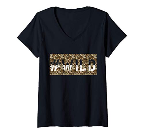 Mujer #Wild - Letras con estampado animal estilo leopardo Camiseta Cuello V