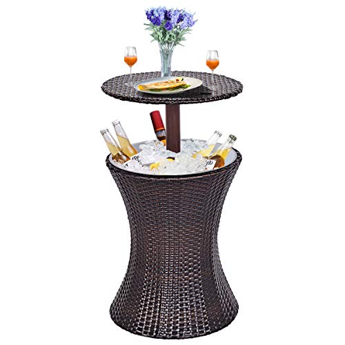 Multigot 3 en 1 mesa de mimbre de barra de hielo, mesa de café, estilo ratán, altura ajustable, patio, fiesta, piscina, uso