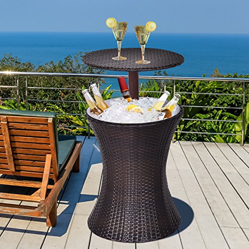 Multigot 3 en 1 mesa de mimbre de barra de hielo, mesa de café, estilo ratán, altura ajustable, patio, fiesta, piscina, uso