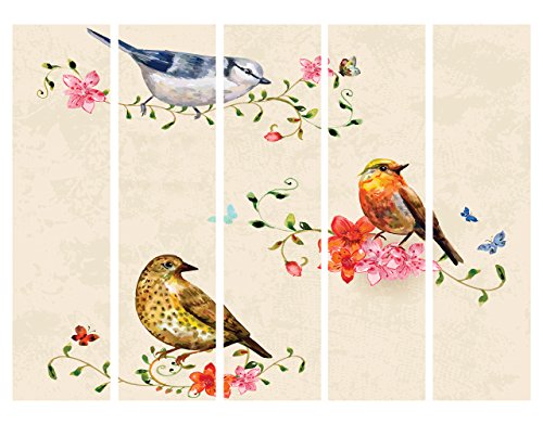 murando Biombo Vintage Pajaros Flores 225x172 cm de Impresion Bilateral en el Lienzo de TNT de Calidad Decoracion Foto Biombo de Madera con Imagen Impresa Separador Grande Home g-B-0064-z-c