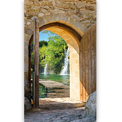murimage Papel Pintado Puerta Cascada 86 x 200 cm Incluye Pegamento Bosque Lago Piedras Pared Puente Cascada Camino Foto Mural