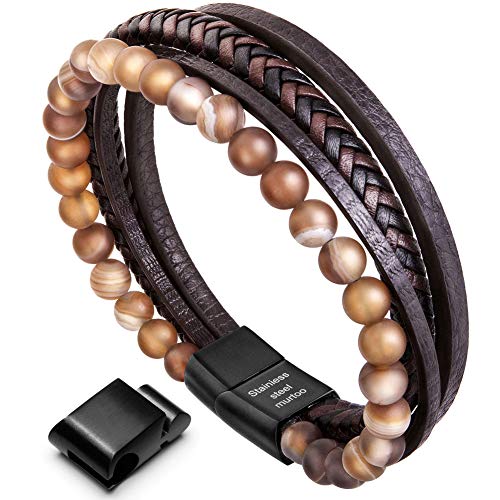 murtoo Pulsera Cuero Hombre Acero Inoxidable Cuero Negro Trenzada Brazalete con Cierre Magnética Piedras (Marrón Cuero y Ágata - 22cm)