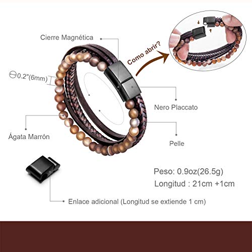 murtoo Pulsera Cuero Hombre Acero Inoxidable Cuero Negro Trenzada Brazalete con Cierre Magnética Piedras (Marrón Cuero y Ágata - 22cm)