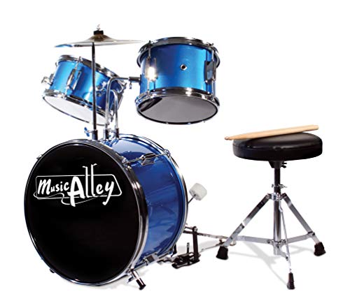 Music Alley Kit de 3 piezas de tambor secundaria para los niños con platillos de batería del pedal de heces y los palillos del tambor, color Azul Metálico