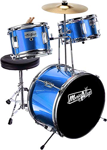 Music Alley Kit de 3 piezas de tambor secundaria para los niños con platillos de batería del pedal de heces y los palillos del tambor, color Azul Metálico