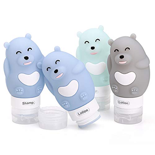 MUUZONING Botellas de Viaje de Silicona,100% BPA Gratis Recipientes rellenables portátiles a Prueba de Fugas para champú,Acondicionador,Loción,artículos de tocador(4 Unidades) -Oso Lindo
