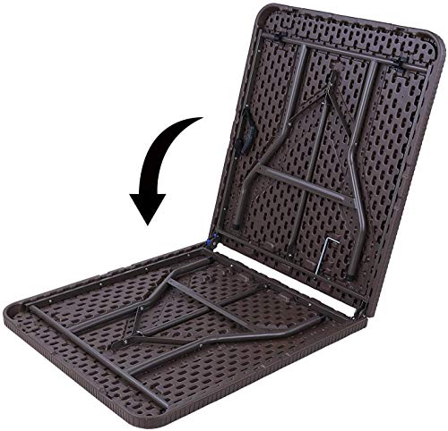 MVPower Mesa Plegable Multiusos, Mesa de Jardín Camping de Imitación de Ratán, Mesa Plegable Rectangular con Estructura de Acero y Asa, Soporta hasta 150 kg, Marrón, Portátil, ca 180.5 x 75.5 x 73cm