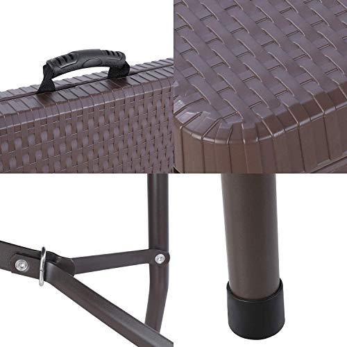 MVPower Mesa Plegable Multiusos, Mesa de Jardín Camping de Imitación de Ratán, Mesa Plegable Rectangular con Estructura de Acero y Asa, Soporta hasta 150 kg, Marrón, Portátil, ca 180.5 x 75.5 x 73cm